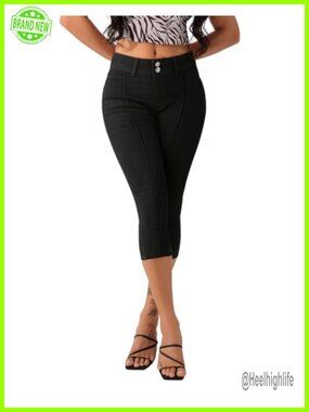 Women's Capri Skinny Stretch Denim Jeans with Double Button Front Seam